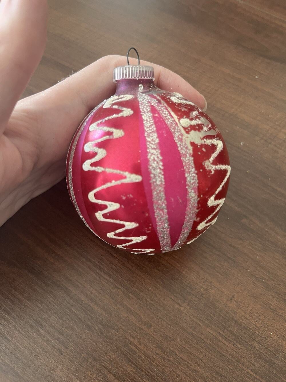 Vtg Pink Red Glitter Western Germany Christmas Ornament Stenciled Hand Crafted